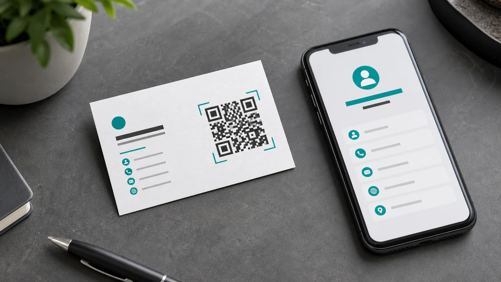 QR Code auf einer Visitenkarte mit Smartphone-Scan und Kontaktseite