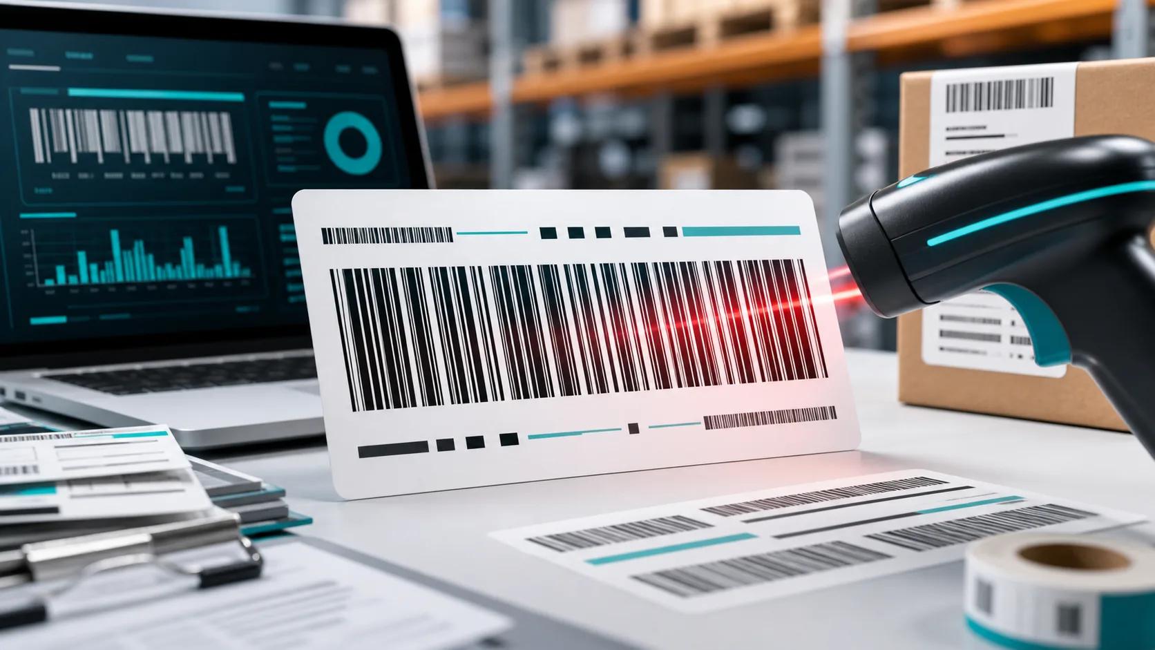 Code 128 Barcode mit Scanner und Logistik-Dashboard