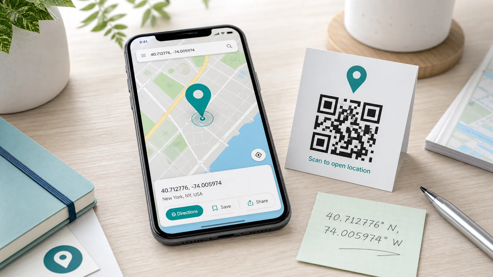 Smartphone mit Standortkarte, GPS-Koordinaten und Standort-QR-Code