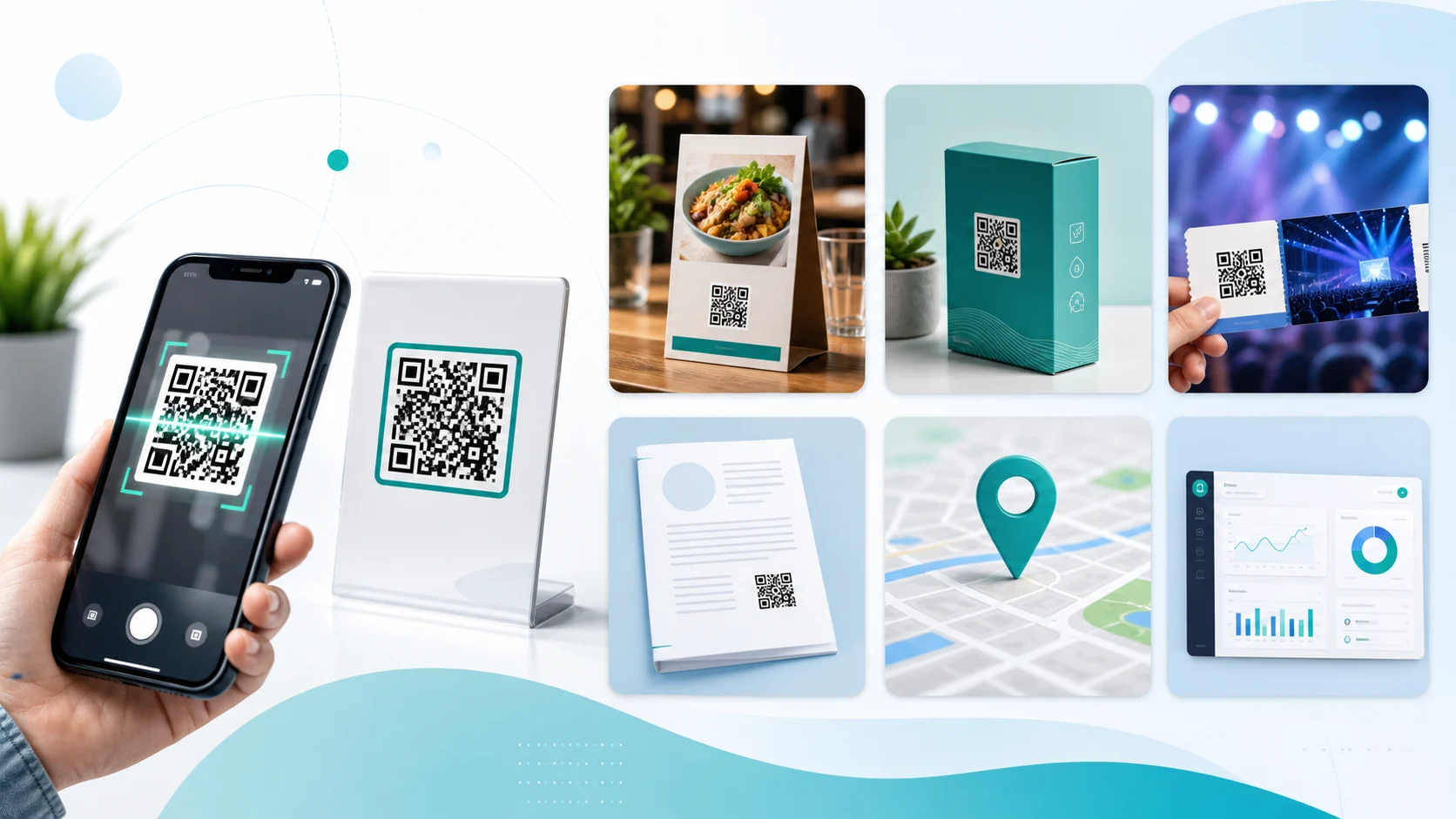 Smartphone scannt QR Code mit Beispielen f&uuml;r Speisekarte, Produkt, Ticket, PDF, Standort und Analytics