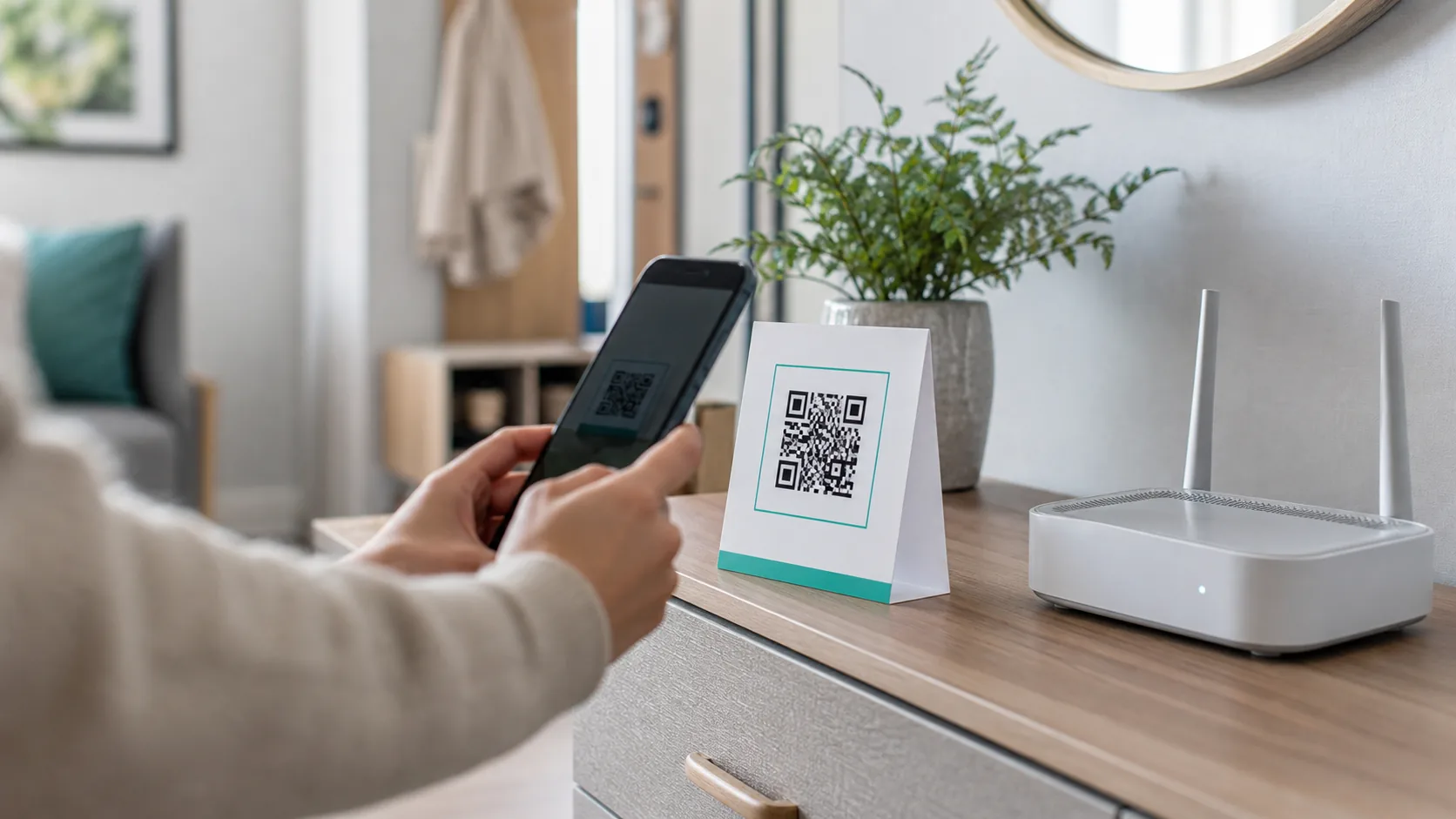 Smartphone scannt einen WLAN-QR-Code neben einem Router in einem modernen Zuhause